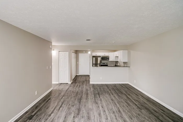 Modern apartment interior featuring open-concept layout with elegant hardwood flooring and sleek kitchen appliances.