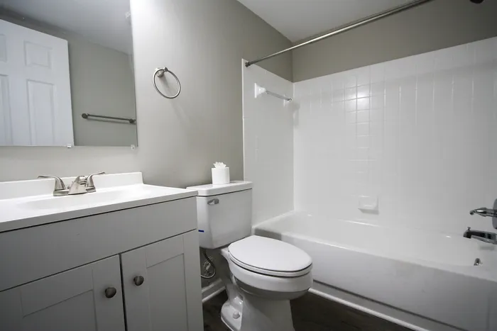 Bright, modern bathroom with sleek white fixtures, including a vanity with mirror, toilet, and a shower-tub combo, enhanced by soft lighting and subtle gray walls.