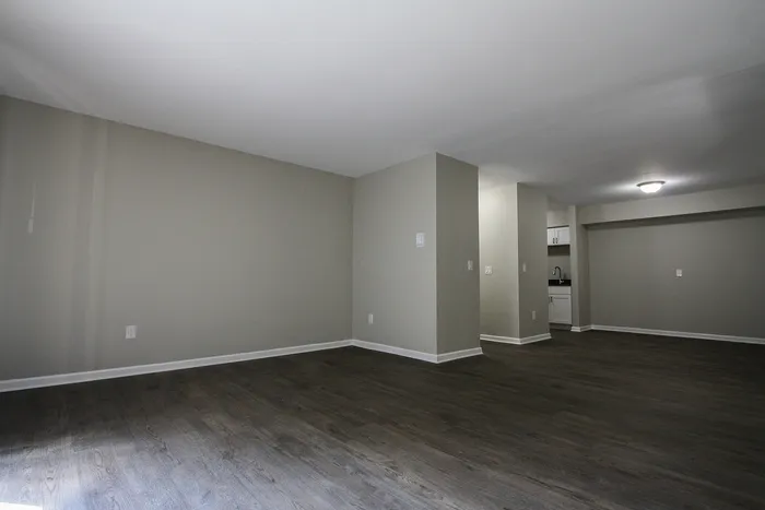 Spacious and modern open-concept living area with sleek hardwood floors and contemporary lighting.