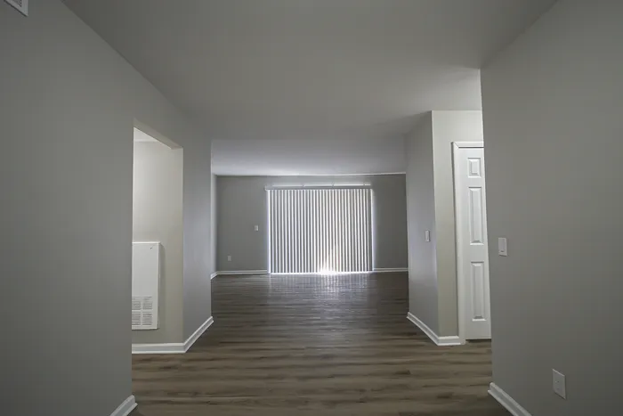 Bright and airy apartment entrance showcasing sleek hardwood floors and modern gray walls, leading to a spacious living area with vertical blinds.