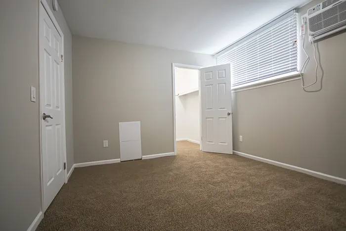 Bright, carpeted bedroom with a spacious closet, modern window treatment, and neutral wall colors, perfect for a cozy urban retreat.