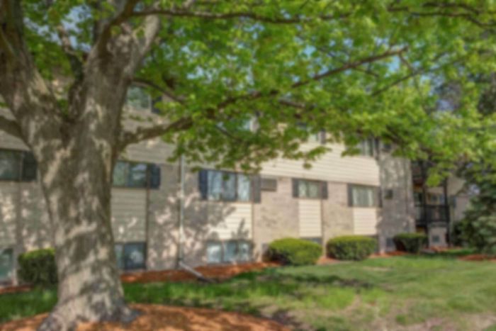 Charming apartment building nestled among lush greenery and mature trees, offering tranquil surroundings.