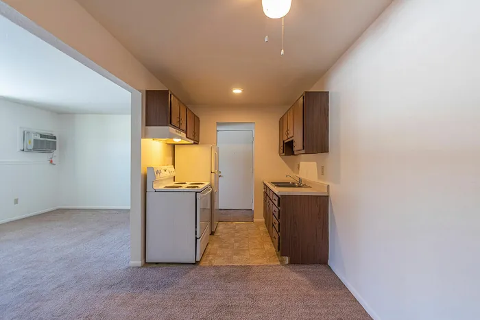 Cozy kitchen with warm wooden cabinets, bright lighting, and open access to a comfortable carpeted living area, perfect for home gatherings.
