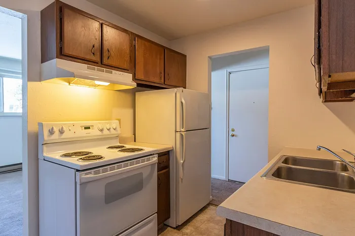 Cozy kitchen with warm wooden cabinets, bright overhead lighting, and modern appliances for a welcoming cooking space.