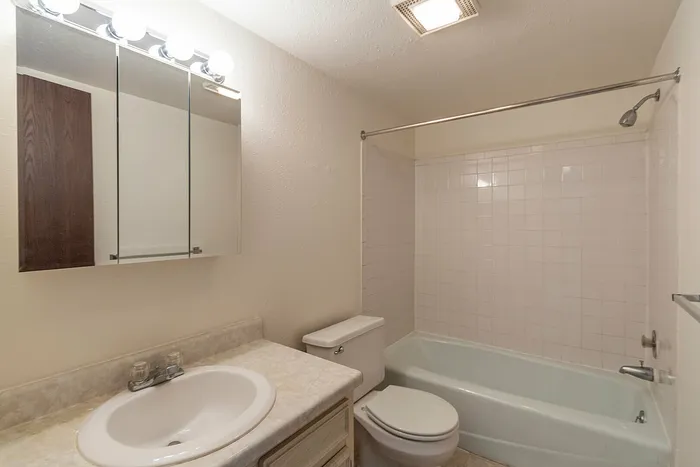 Bright, modern bathroom featuring a sleek vanity, large mirror, and classic bathtub with clean tile detailing.