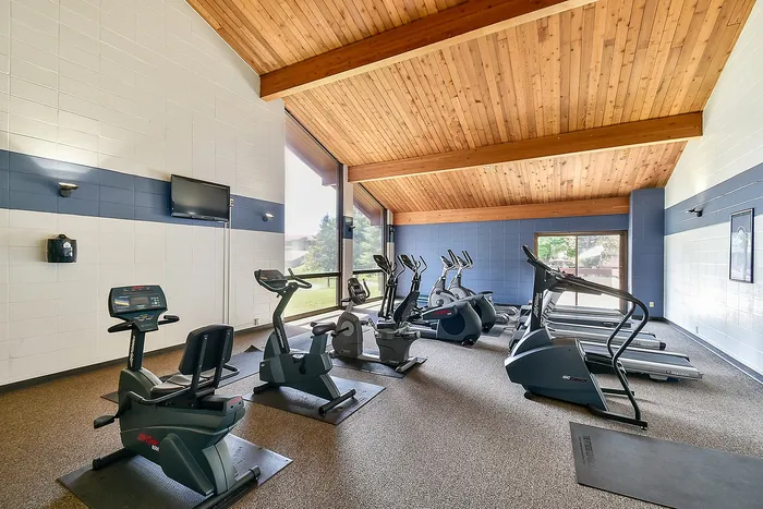 Modern fitness center with state-of-the-art exercise bikes and treadmills, featuring large windows and high wooden ceilings for a bright, spacious feel.