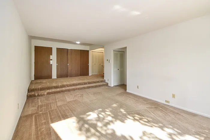 Bright and spacious living area with neutral carpet, wooden doors, and ample natural light.