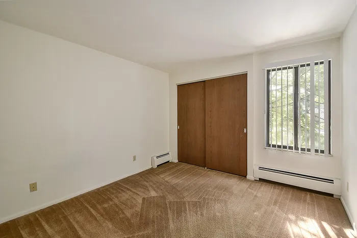 Bright and inviting bedroom featuring plush carpet, large window with vertical blinds, and ample closet storage.