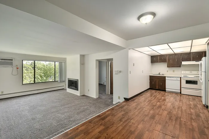 Bright and spacious apartment with an open-plan living area, cozy fireplace, and elegant kitchen featuring dark wood cabinets.