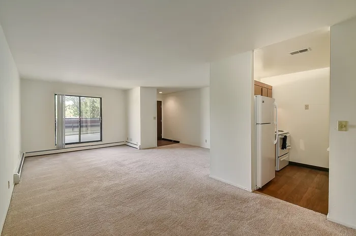 Bright and spacious living room with plush carpeting, large window leading to a balcony, and an open-concept kitchen with modern appliances.