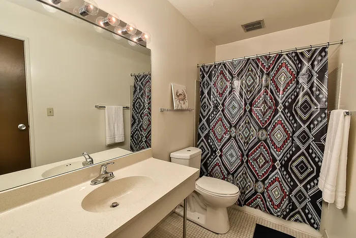 Modern bathroom featuring a stylish geometric shower curtain, sleek vanity with ample lighting, and elegant decor accents.