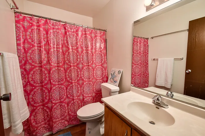 Cozy bathroom featuring vibrant pink geometric shower curtain, sleek vanity with modern faucet, and a touch of elegance in the decorated space.