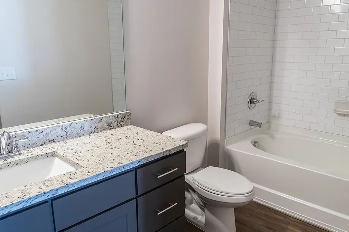 Modern bathroom with sleek granite countertop, elegant under-mount sink, and a pristine tiled shower-tub combo.