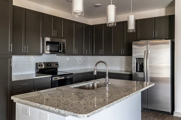 Modern kitchen with sleek granite countertops, stainless steel appliances, and elegant dark cabinetry.
