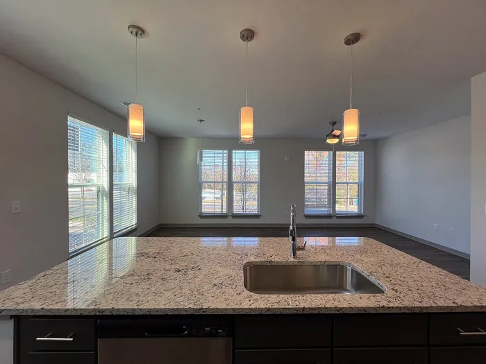 Bright and modern kitchen with granite countertops and pendant lighting, overlooking a sunlit, open living space with large windows.
