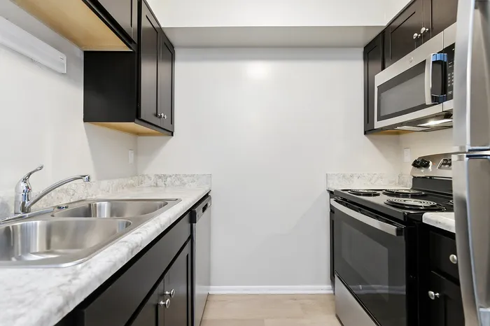 Modern kitchen with sleek dark cabinets, stainless steel appliances, and elegant marble countertops.