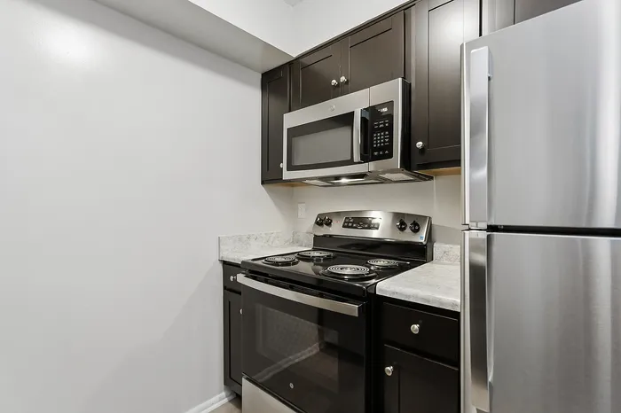 Modern kitchen equipped with sleek stainless steel appliances, elegant dark wood cabinetry, and stylish marble countertops.