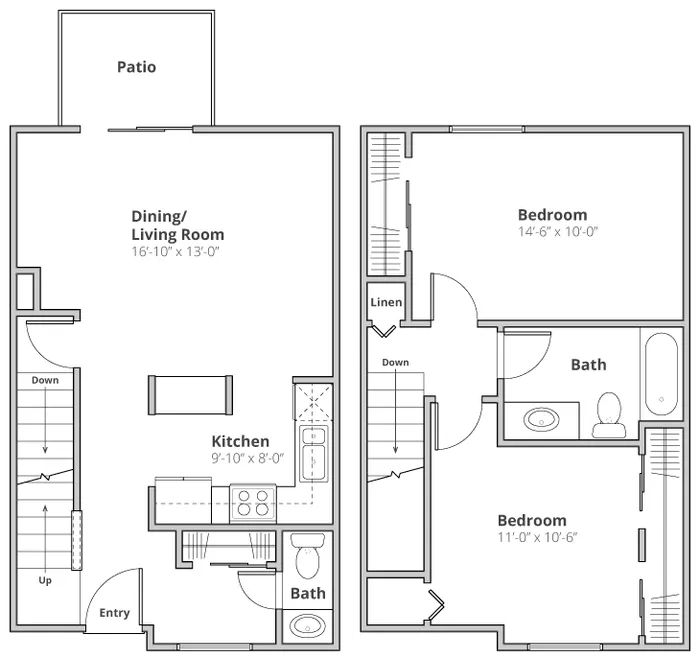 Chic two-story floor plan featuring an open dining and living area, modern kitchen, two bedrooms, two bathrooms, and a private patio.