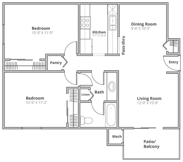 Efficient floor plan showcasing 2 spacious bedrooms, modern kitchen with pantry, elegant dining room, and a living room leading to a private patio.