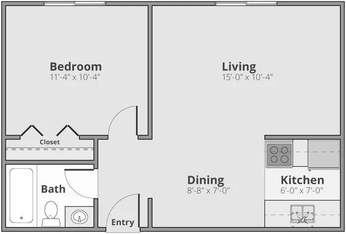 Modern 1-bedroom floor plan featuring spacious living and dining areas with a cozy kitchen, ideal for comfortable urban living.