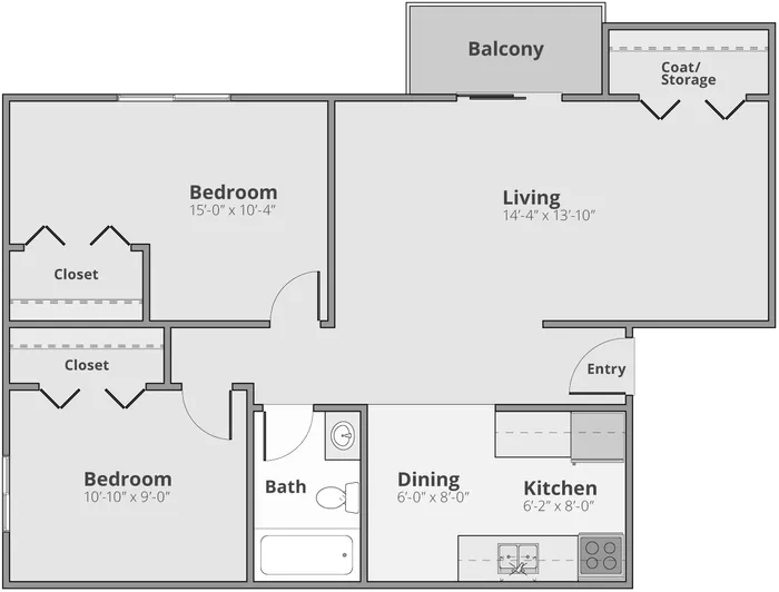 Modern floor plan showcasing a spacious 2-bedroom apartment with a cozy living area, compact kitchen, dining space, and a relaxing balcony.