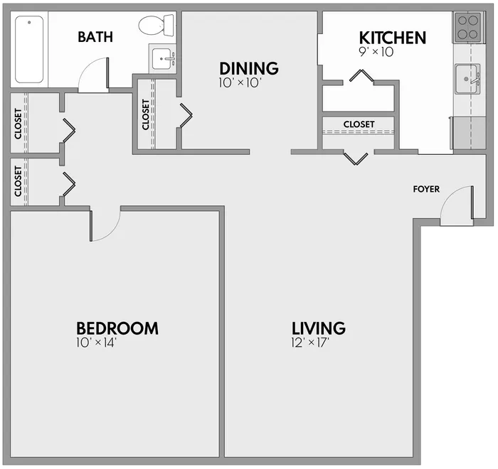 Modern floor plan featuring a spacious bedroom, expansive living area, convenient kitchen, dining space, and well-appointed bath with ample closets.