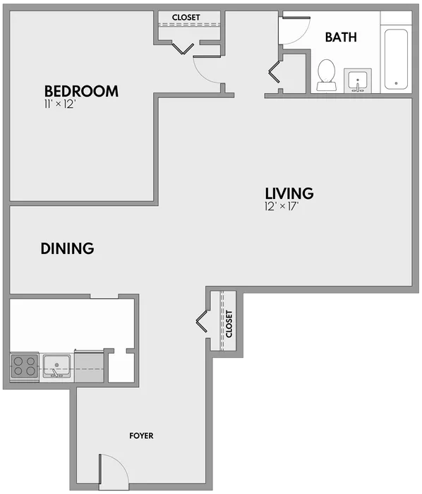 Modern floor plan featuring 1 bedroom, spacious living and dining area, cozy kitchen, and stylish bath with ample closet space.