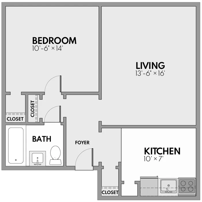 Modern floor plan featuring a spacious bedroom, stylish living area, functional kitchen, and well-appointed bath with ample closet space.