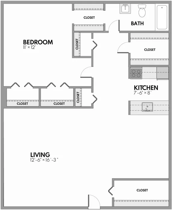 Chic floor plan showcasing 1 bedroom with ample closet space, a modern kitchen, and a spacious living area adjacent to a well-appointed bath.