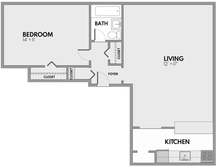 Chic floor plan showcasing a spacious bedroom, a modern living area, and a functional kitchen. Includes a cozy bath and ample storage with multiple closets.