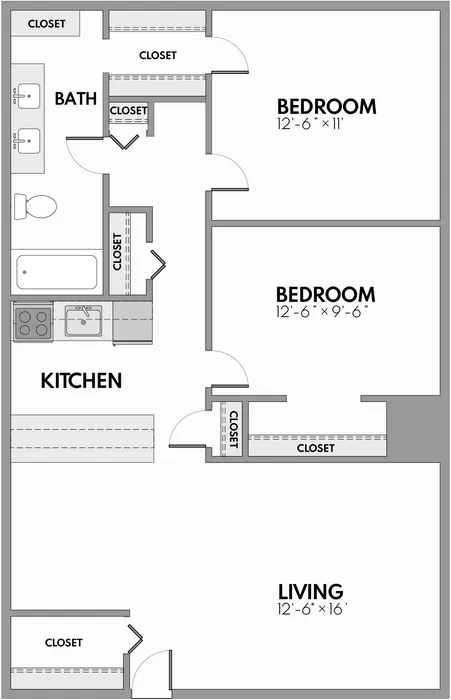 Modern floor plan showcasing 2 bedrooms, a spacious living area, stylish kitchen, and ample closet space.