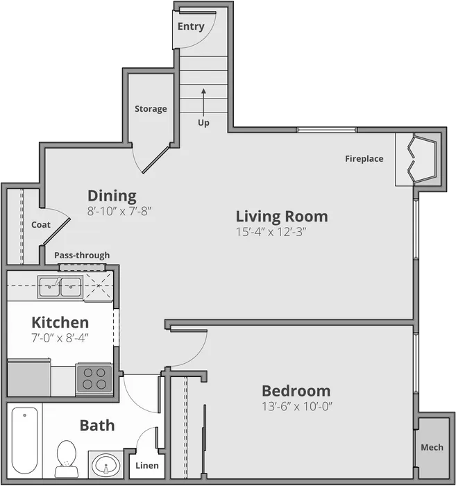 Inviting floor plan featuring a spacious living room with fireplace, cozy dining area, and convenient kitchen pass-through. Includes a large bedroom, modern bathroom, and ample storage space.