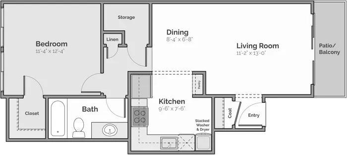 Modern 2D floor plan showcasing a spacious bedroom, open living room, and a cozy kitchen, complete with a patio for relaxation.