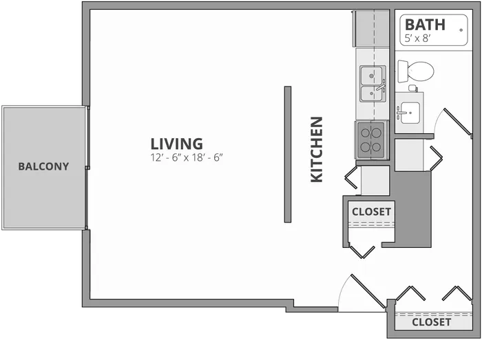 Modern floor plan featuring a spacious living area with balcony, open kitchen, bathroom, and ample closet space.