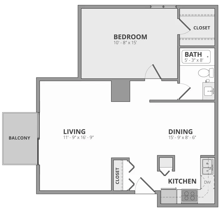 Contemporary floor plan showcasing a spacious one-bedroom apartment with a large living area, dining space, modern kitchen, and private balcony.