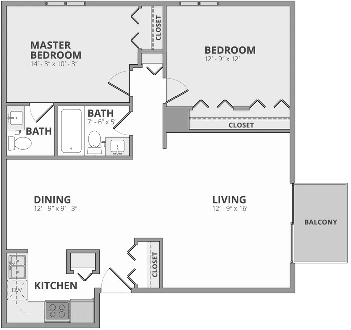 Modern floor plan showcasing a spacious 2-bedroom layout with a master suite, open dining and living area, and a charming balcony.