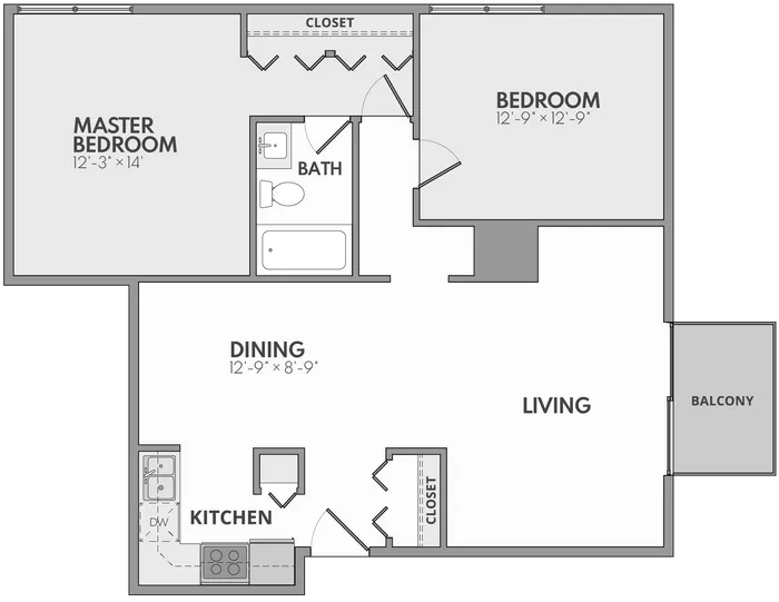 Modern floor plan showcasing a spacious master bedroom, additional bedroom, open living and dining area, sleek kitchen, and inviting balcony.