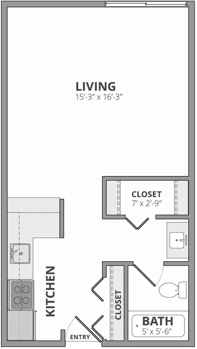 Modern studio apartment floor plan featuring an expansive living area, sleek kitchen with entry access, and a well-organized bathroom with closets.