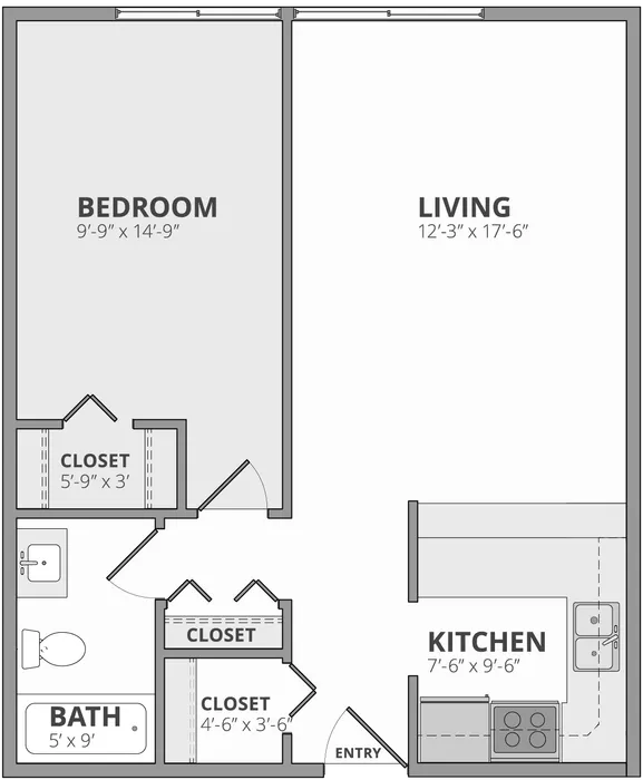 Inviting floor plan showcasing a spacious bedroom, expansive living area, modern kitchen, and a well-appointed bathroom.