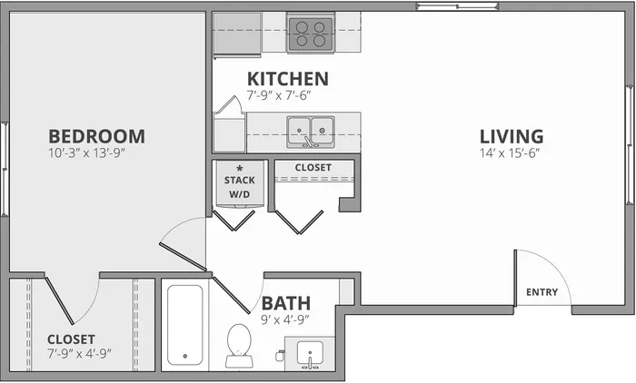 Modern floor plan showcasing one spacious bedroom, an open living area, a sleek kitchen, and a well-appointed bath.