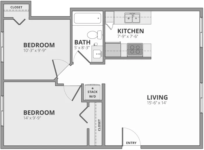 Modern 2D floor plan featuring 2 spacious bedrooms, a stylish kitchen, cozy living area, and well-designed bathroom.