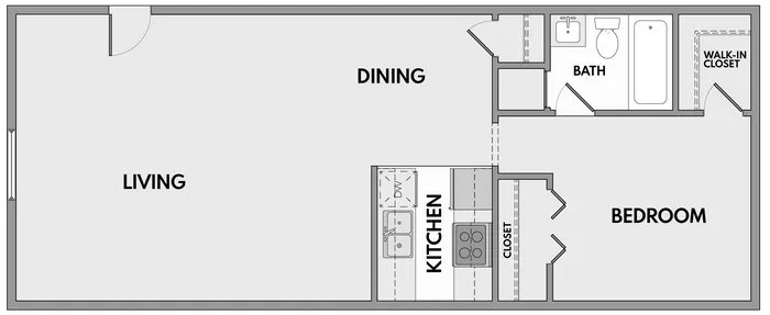 Modern floor plan highlighting a spacious living and dining area, functional kitchen, cozy bedroom with walk-in closet, and a well-appointed bath.