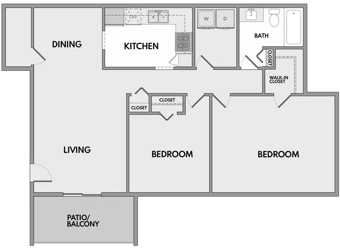 Modern 2-bedroom floor plan with open living and dining area, efficient kitchen, and private patio/balcony.