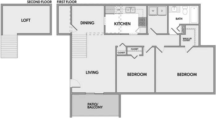 Modern floor plan showcasing a spacious two-bedroom, one-bath apartment with a loft, open living-dining area, sleek kitchen, and private patio or balcony.