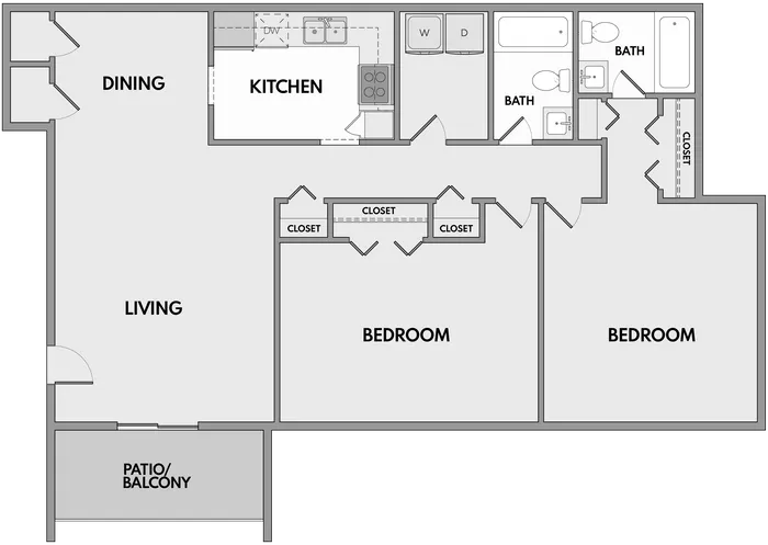 Modern 2D floor plan with two spacious bedrooms, two bathrooms, an open living and dining area, stylish kitchen, and a cozy patio/balcony.