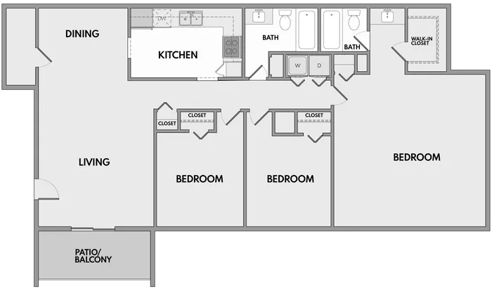 Modern 3-bedroom floor plan featuring a spacious living and dining area, stylish kitchen, two bathrooms, and a patio balcony. Includes ample storage with closets and a walk-in closet.