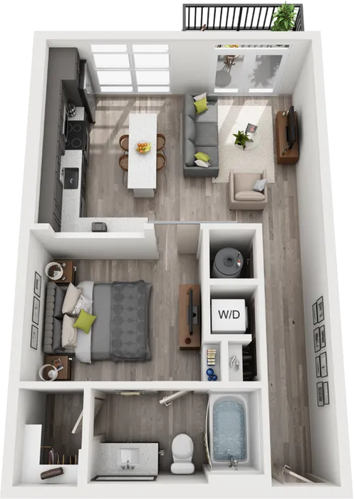Modern 1-bedroom apartment floor plan with spacious living area, stylish kitchen island, cozy bedroom, and private balcony.