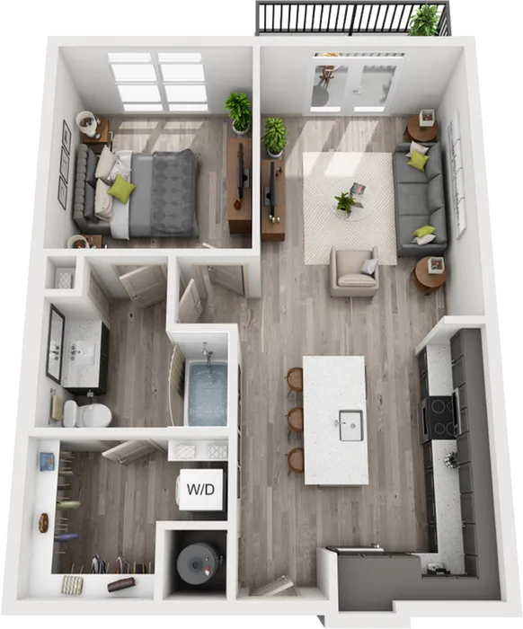 Chic 3D floor plan featuring a spacious 1-bedroom apartment with an open-concept kitchen, cozy living room, and modern bathroom. Includes a private balcony and in-unit laundry for ultimate convenience.