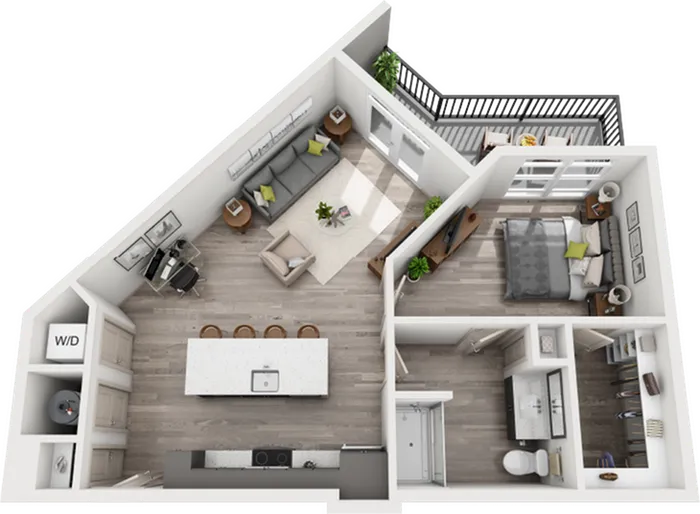 Chic apartment floor plan featuring a spacious bedroom, modern open-concept living area with kitchen island, cozy balcony, and stylish bathroom layout.