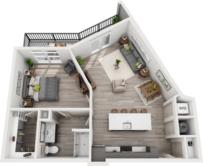 Chic 3D floor plan showcasing 1 bedroom with balcony, stylish open-concept living space, modern kitchen with island, and cozy living room, perfect for urban living.
